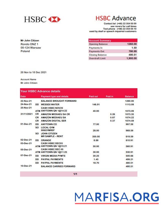 Downloadable Poland HSBC bank statement excel template
